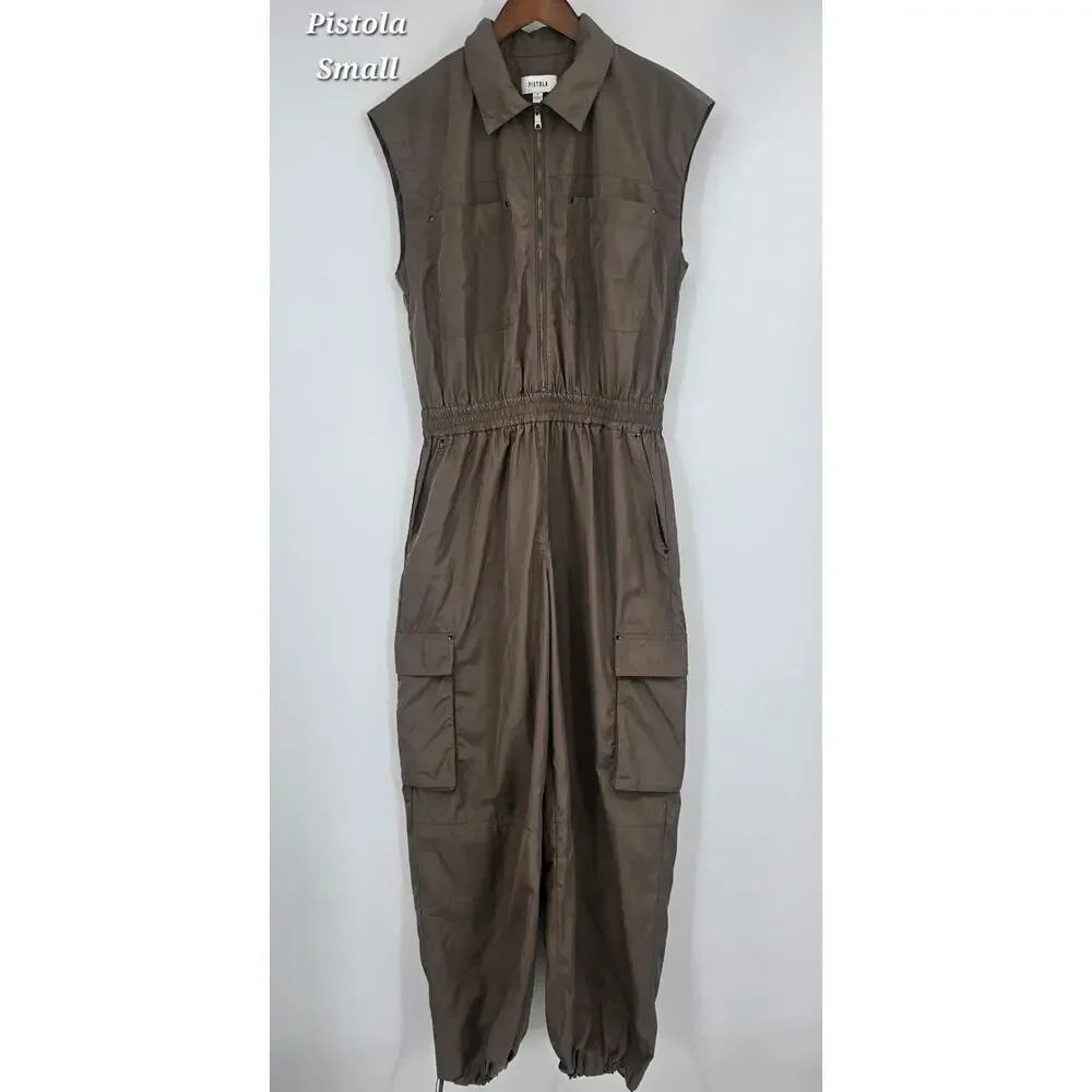 Pistola Becca Utility Jumpsuit Small Smokey Brown Cargo Minimalist Zip Front - Picture 2 of 6